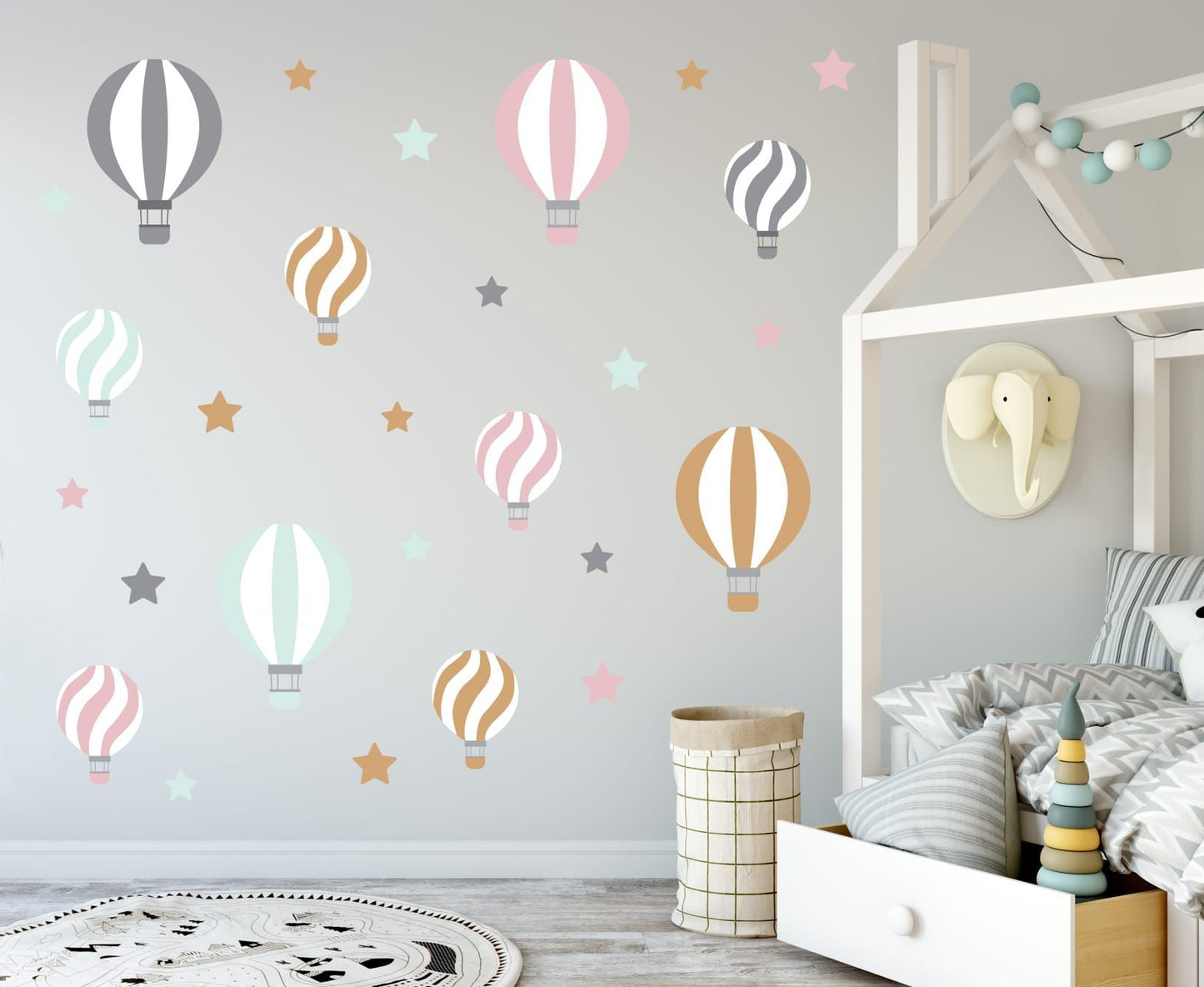 Wallstickers balões de ar listrados - rosa e branco