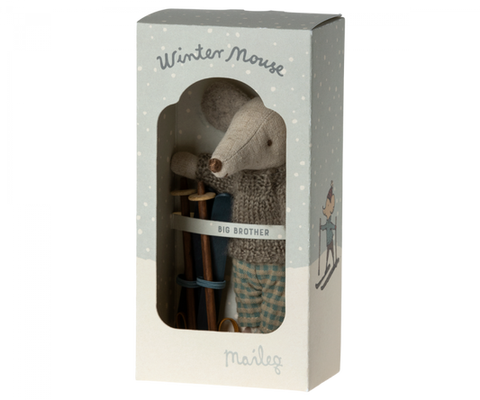 Rato de inverno com conjunto de esqui, irmão mais velho