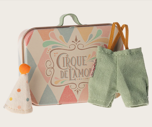 Roupas de palhaço na mala maileg, little brother mouse