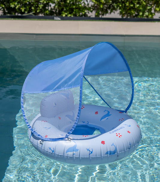 Flutuador azul bebé com assento e capota