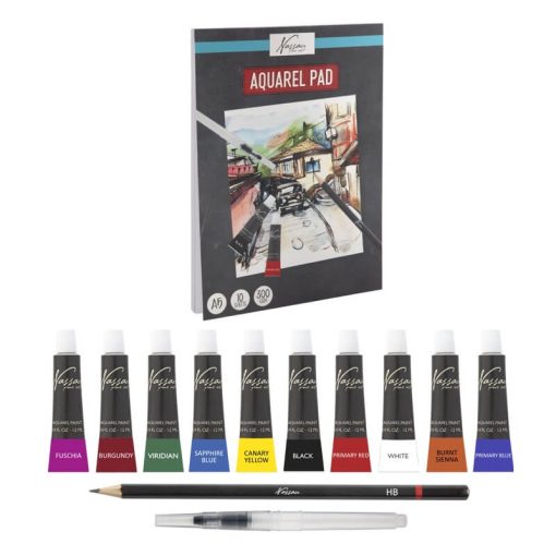 Set pintura com 13 pcs aguarelas, pincel, lápis e livro de desenho