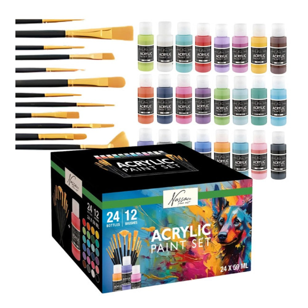 Conjunto de Tintas Acrílicas 24 Cores + 12 Pincéis