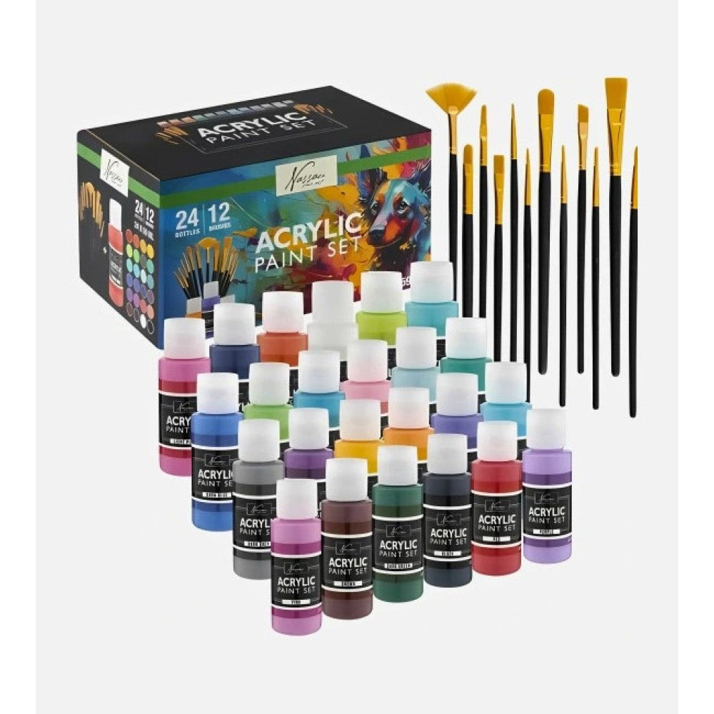 Conjunto de Tintas Acrílicas 24 Cores + 12 Pincéis