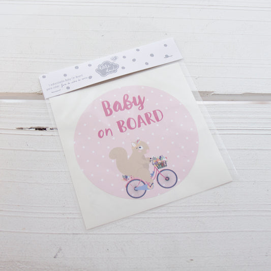Vinilo bebé a bordo - Ardilla en bicicleta