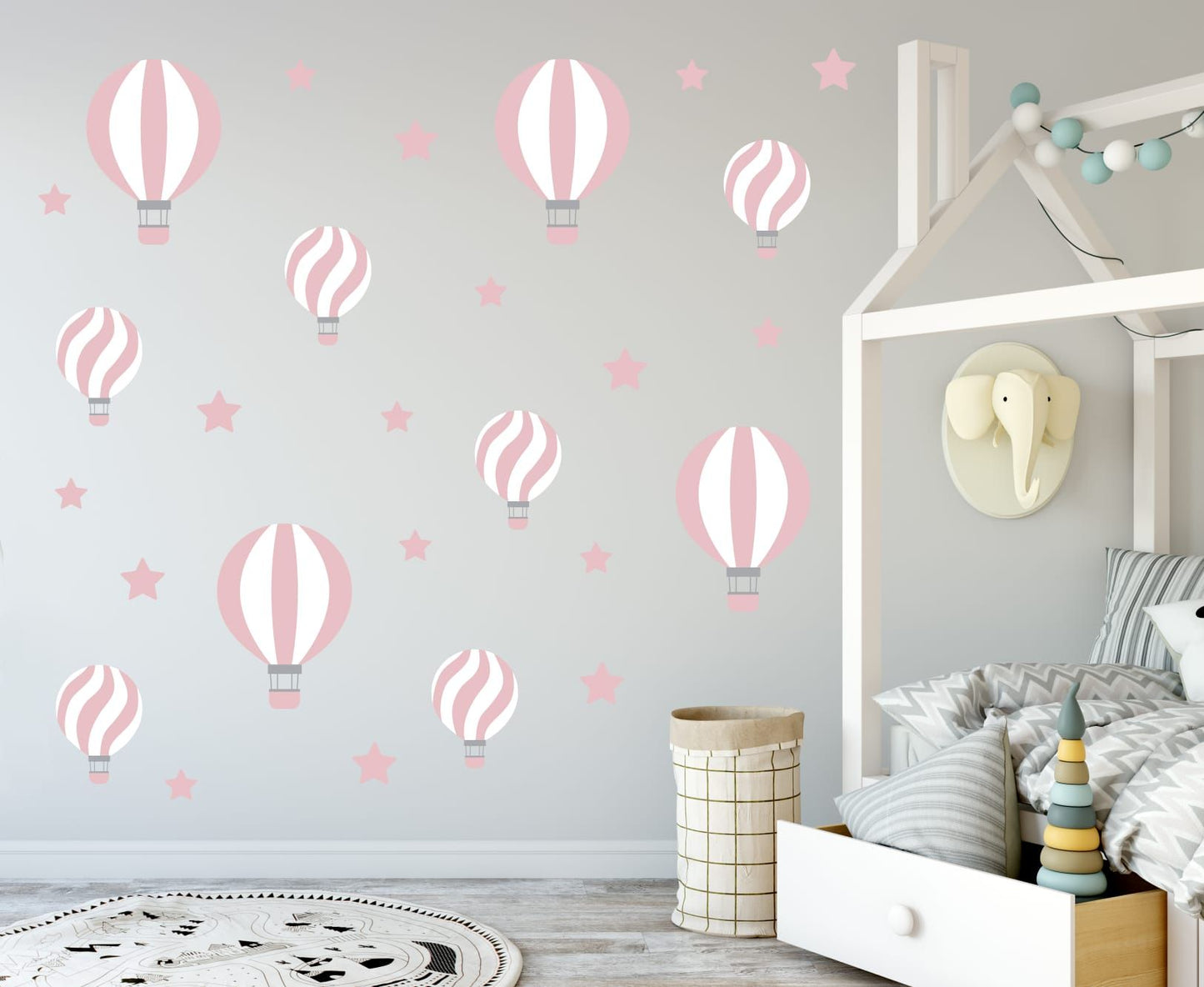 Wallstickers balões de ar listrados - rosa e branco