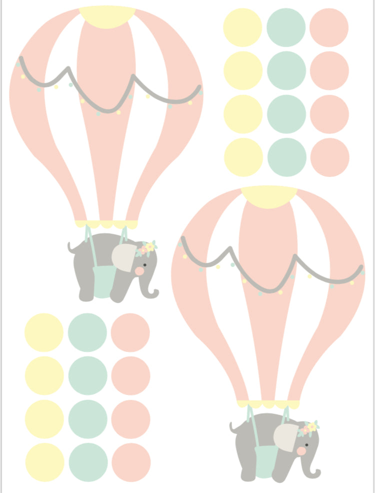 Wallstickers balões e elefantes - rosa / menta